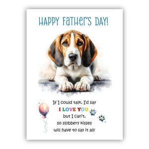 Biglietto per la festa del papà con un cane Foxhound inglese. Biglietto per la festa del papà da un cane. Auguri a papà, papà e papà. Con possibilità di messaggio all'interno.
