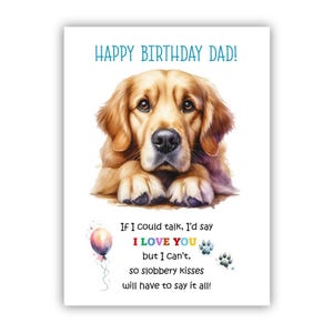 Biglietto di auguri di compleanno del cane. Biglietto di auguri di compleanno del cane Golden Retriever per papà, papà, padre. Con opzione messaggio all'interno.