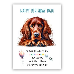 Biglietto di auguri di compleanno del cane. Biglietto di auguri di compleanno per il cane Irish Red Setter per papà, papà, padre. Con opzione messaggio all'interno.