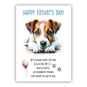 Biglietto per la festa del papà con il cane Jack Russel Terrier. Biglietto per la festa del papà da un cane. Auguri a papà, papà e papà. Con possibilità di messaggio all'interno.