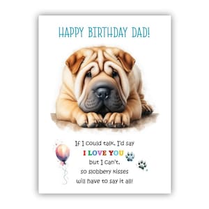 Biglietto di auguri di compleanno del cane. Biglietto di auguri di compleanno del cane Shar Pei per papà, papà, padre. Con opzione messaggio all'interno.