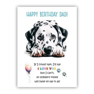Biglietto di auguri di compleanno del cane. Biglietto di auguri di compleanno per il cane dalmata per papà, papà, padre. Con opzione messaggio all'interno.
