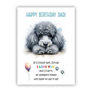 Biglietto di auguri di compleanno del cane. Biglietto di auguri di compleanno per il cane barboncino grigio per papà, papà, padre. Con opzione messaggio all'interno.