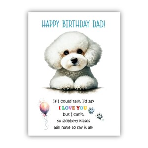 Biglietto di auguri di compleanno del cane. Biglietto di auguri di compleanno per il cane Bichon Frise per papà, papà, padre. Con opzione messaggio all'interno.
