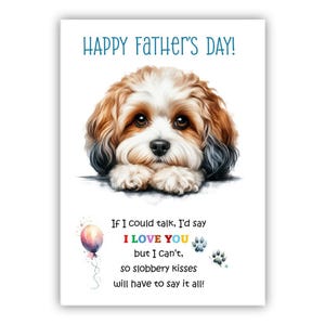 Biglietto per la Festa del Papà con il Cavachon, il cane. Biglietto per la Festa del Papà realizzato da un cane. Auguri a papà, papà e papà. Con possibilità di messaggio all'interno.