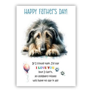 Biglietto per la festa del papà con il cane Irish Wolfhound. Biglietto per la festa del papà da un cane. Auguri a papà, papà e papà. Con possibilità di messaggio all'interno.