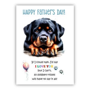 Biglietto per la festa del papà con Rottweiler. Biglietto per la festa del papà da un cane. Auguri a papà, papà e papà. Con possibilità di messaggio all'interno.