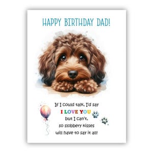 Biglietto di auguri di compleanno dal cane. Biglietto di auguri di compleanno per cane incrocio barboncino spaniel per papà, papà, padre. Con opzione messaggio all'interno.