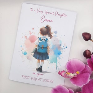 Tarjeta personalizada del primer día en la escuela para niña, hija, nieta, sobrina, hermana, prima. 1er día de escuela.