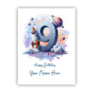 Carte personnalisée pour 9 ans pour garçon. Carte pour son neuvième anniversaire pour son fils, son petit-fils, son neveu, son frère, son filleul, son anniversaire, son cousin. Thème de l'espace.