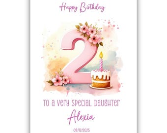 Personalised 2nd birthday card for girl. Second birthday card for Daughter, Granddaughter, Niece, Sister, Cousin. Pink Birthday Card.