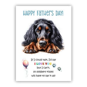 Biglietto per la Festa del Papà con il cane Setter Gordon. Biglietto per la Festa del Papà da un cane. Auguri a papà, papà e papà. Con possibilità di messaggio all'interno.