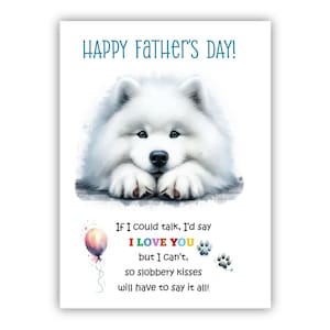 Biglietto per la festa del papà con il cane Samoiedo. Biglietto per la festa del papà dal cane. Auguri a papà, papà e papà. Con possibilità di messaggio all'interno.