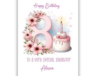 Carte personnalisée pour le 8e anniversaire d'une fille. Carte d'anniversaire pour fille, petite-fille, nièce, soeur, cousine. Carte d'anniversaire rose.