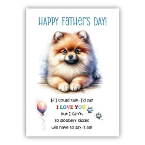 Biglietto per la festa del papà con un Pomerania. Biglietto per la festa del papà da un cane. Auguri a papà, papà e papà. Con possibilità di messaggio all'interno.