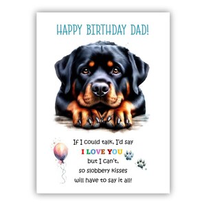 Biglietto di auguri di compleanno del cane. Biglietto di auguri di compleanno per il cane Rottweiler per papà, papà, padre. Con opzione messaggio all'interno.