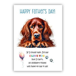 Biglietto per la Festa del Papà con Setter Irlandese. Biglietto per la Festa del Papà da un cane. Auguri a papà, papà e papà. Con possibilità di messaggio all'interno.