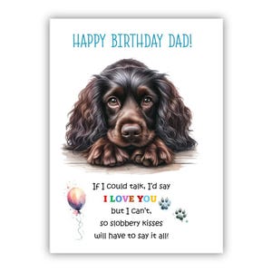 Biglietto di auguri di compleanno del cane. Biglietto di auguri di compleanno del cane Boykin Spaniel per papà, papà, padre. Con opzione messaggio all'interno.