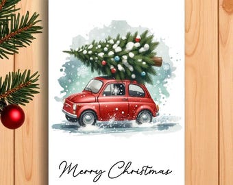 Può includere: Un'auto rossa d'epoca trasporta un albero di Natale sul tetto, guidando attraverso una scena innevata. La cartolina presenta la scritta "Merry Christmas" in elegante corsivo, evocando un tema festivo.