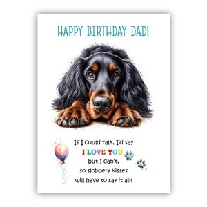 Biglietto di auguri di compleanno del cane. Biglietto di auguri di compleanno del cane Gordon Setter per papà, papà, padre. Con opzione messaggio all'interno.