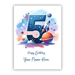 Carte personnalisée pour 5 ans pour garçon. Carte de cinquième anniversaire pour fils, petit-fils, neveu, frère, filleul, garçon, cousin. Thème de l'espace.