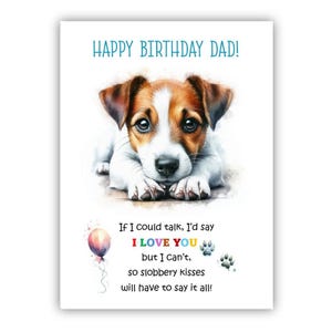Biglietto di auguri di compleanno del cane. Biglietto di auguri di compleanno per il cane Jack Russell Terrier per papà, papà, padre. Con opzione messaggio all'interno.