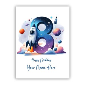 Cartão personalizado de 8º aniversário para menino. Cartão de oitavo aniversário para filho, neto, sobrinho, irmão, afilhado, aniversariante, primo. Com tema espacial.