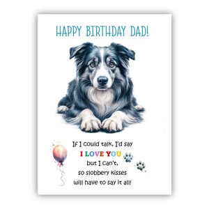 Biglietto di auguri di compleanno del cane. Biglietto di auguri di compleanno per il cane Border Collie blu per papà, papà, padre. Con opzione messaggio all'interno.