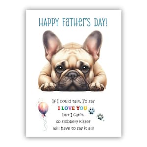 Biglietto per la festa del papà con un bulldog francese. Biglietto per la festa del papà da un cane. Auguri a papà, papà e papà. Con possibilità di messaggio all'interno.