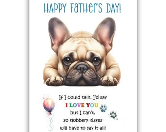 Biglietto per la festa del papà con un bulldog francese. Biglietto per la festa del papà da un cane. Auguri a papà, papà e papà. Con possibilità di messaggio all'interno.