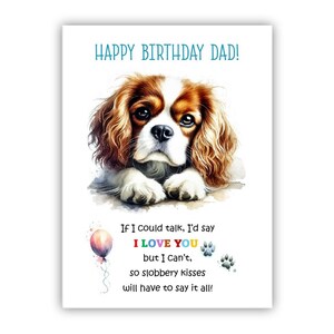 Biglietto di auguri di compleanno del cane. Biglietto di auguri di compleanno del cane King Charles per papà, papà, padre. Con opzione messaggio all'interno.