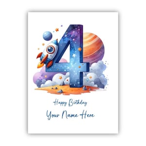 Biglietto personalizzato per il 4° compleanno di un bambino. Biglietto per il 4° compleanno di un figlio, nipote, nipote, fratello, figlioccio, festeggiato, cugino. A tema spaziale.