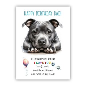Biglietto di auguri di compleanno del cane. Biglietto di auguri di compleanno per il cane Staff Terrier per papà, papà, padre. Con opzione messaggio all'interno. Staffordshire Bull Terrier