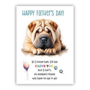 Biglietto per la festa del papà con il cane Shar Pei. Biglietto per la festa del papà da un cane. Auguri a papà, papà e papà. Con possibilità di messaggio all'interno.