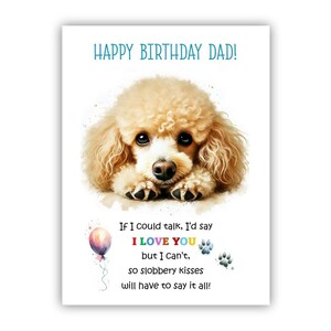 Biglietto di auguri di compleanno del cane. Biglietto di auguri di compleanno per il cane barboncino per papà, papà, padre. Con opzione messaggio all'interno.