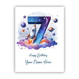 Personalisierte Karte zum 7.Geburtstag für einen Jungen. Siebte Geburtstagskarte für Sohn, Enkel, Neffe, Bruder, Patenkind, Geburtstagskind, Cousin. Thema Weltraum
