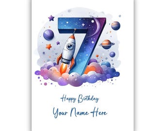 Personalised 7th birthday card for boy. Seventh birthday card for son, grandson, nephew, brother, godson, birthday boy, cousin. Space themed
