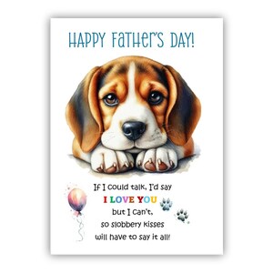 Biglietto per la festa del papà con il cane Beagle. Biglietto per la festa del papà con il cane. Auguri a papà, papà e papà. Con possibilità di messaggio all'interno.