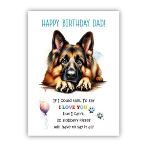 Biglietto di auguri di compleanno del cane. Biglietto di auguri di compleanno del pastore tedesco per papà, papà, padre. Con opzione messaggio all'interno.