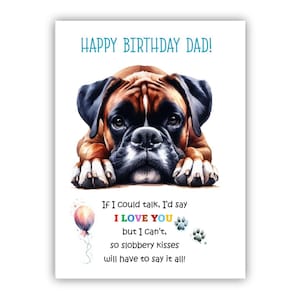 Biglietto di auguri di compleanno del cane. Biglietto di auguri di compleanno del cane Boxer per papà, papà, padre. Con opzione messaggio all'interno.