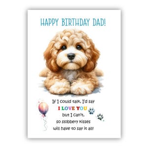 Biglietto di auguri di compleanno del cane. Biglietto di auguri di compleanno del cane Cockapoo per papà, papà, padre. Con opzione messaggio all'interno.
