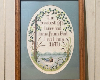 Vintage Mallard Duck Cross Stitch Framed Nature Scene, Woodland Nursery Decor