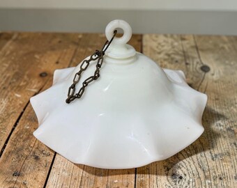 Antique Clambroth Glass Smoke Bell | Victorian Star Ruffled Milk Glass Lamp Shade, Brass Chain