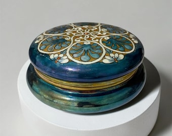 Antique Limoges France Iridescent Dresser Box – Art Nouveau Geometric Enamel Trinket Jar