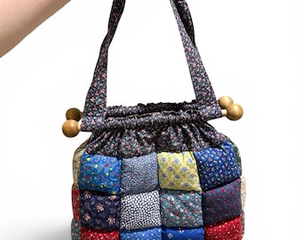 Vintage Puff Quilt Handbag | Handmade Calico Patchwork Tote, Wooden Dowel Handles