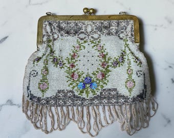 Antique Micro Beaded Purse Floral Garland Germany Brass Frame Loop Fringe Flapper Bag 1920s