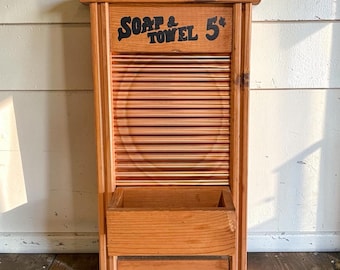 Vintage Wooden Washboard Wall Planter, Soap & Towel 5 Cent Sign, Rustic Farmhouse Laundry Room Decor, Primitive Bathroom Pocket Organizer