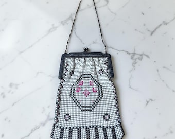 Antique 1920s Whiting & Davis Mesh Purse | Art Deco Enameled Metal Mesh Flapper Bag | Geometric Pink Black White Evening Bag Scalloped