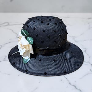 1960s Mr. John Jr. Black Straw Hat with Rose & Original Ila Lowe Hat Box