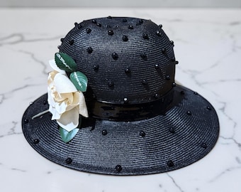 1960s Mr. John Jr. Black Straw Hat with Rose & Original Ila Lowe Hat Box